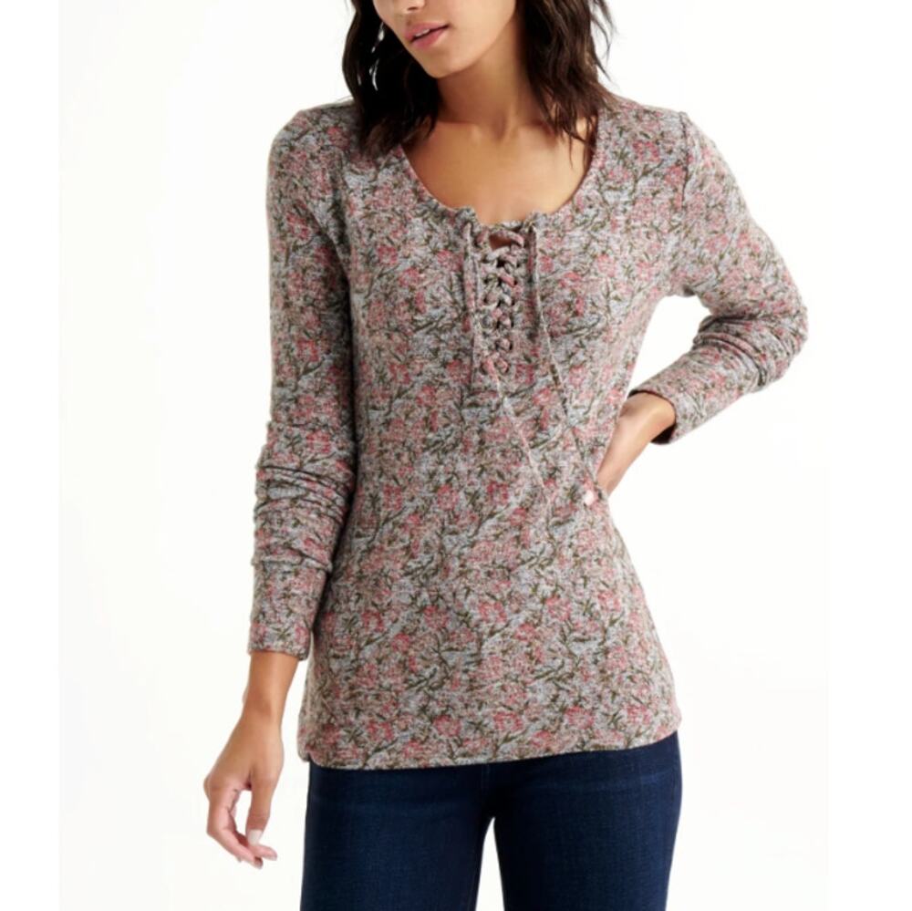 Lucky Brand Women's Pink Multi Lace Up Ribbed Henley Top Size Small